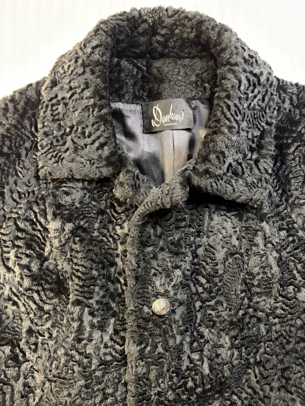 1970s Dunham’s Trenton NJ Vintage Black Faux Persian Lamb/Astrakhan Coat